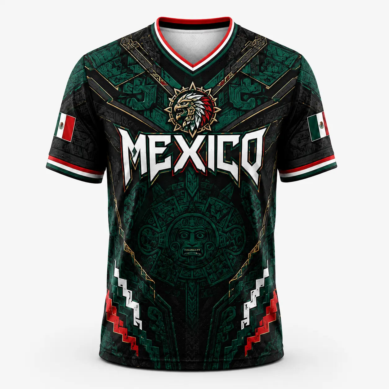2026 New Mexico Eagle Warrior V-Neck Sports Jersey, Aztec Calendar Graphic Short Sleeve Shirt for Men, Green Black Soccer Fan Tee,summerwins