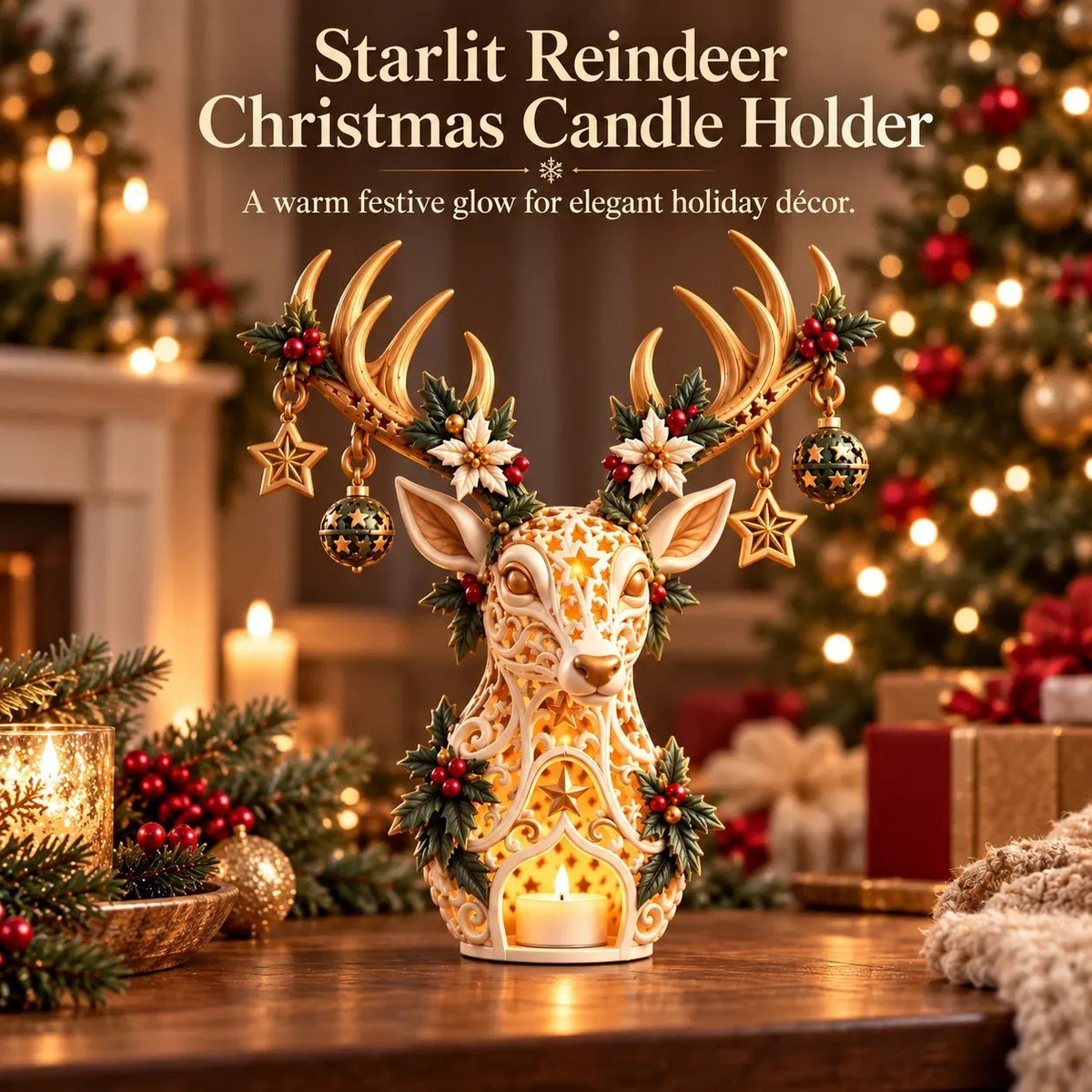 🦌✨ Golden Starlight Reindeer™ – Christmas Candle Holder with Magical Starry Glow 🎄🕯️
