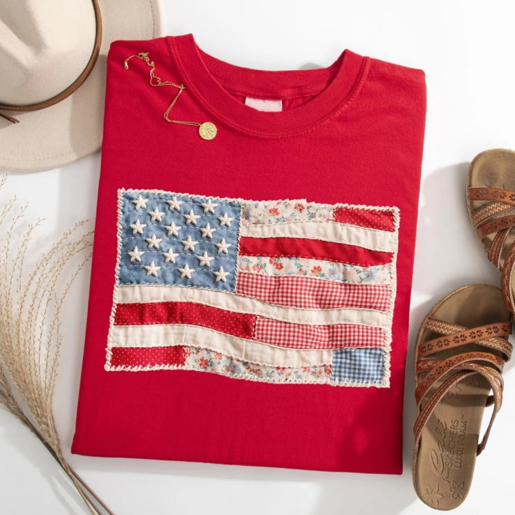 Retro American Flag Shirt, Faux Patchwork USA Tee, Digital Print Shirt, 4th of July Shirt