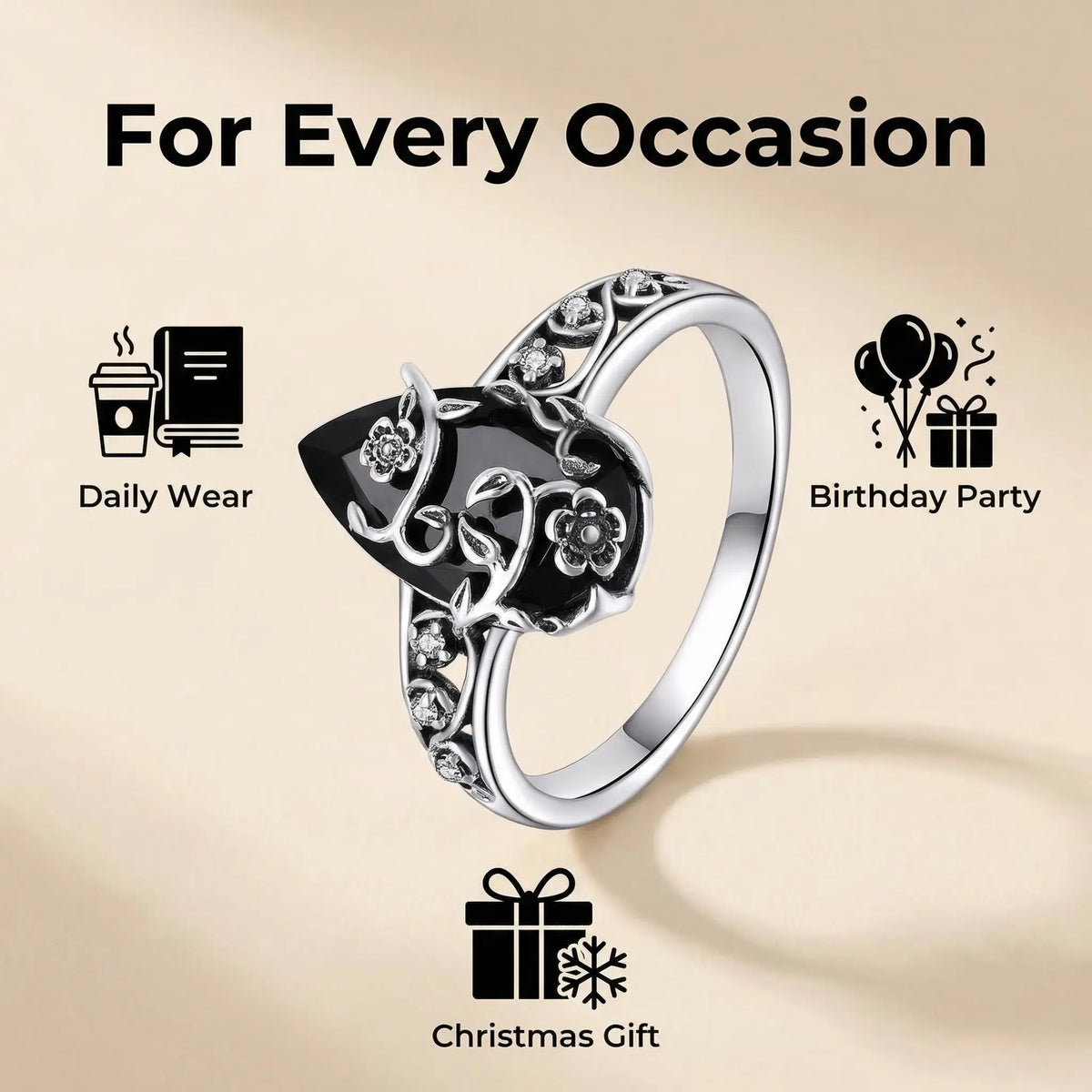 925 Sterling Silver Synthetic Obsidian Ring with Vintage Flower Design