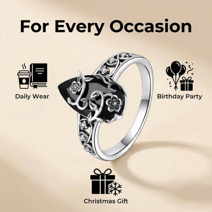 925 Sterling Silver Synthetic Obsidian Ring with Vintage Flower Design