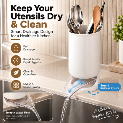 fluidic Utensil Holder - Elegant Cream Beige Color, Hygienic Kitchen Organization with Efficient Drainage System