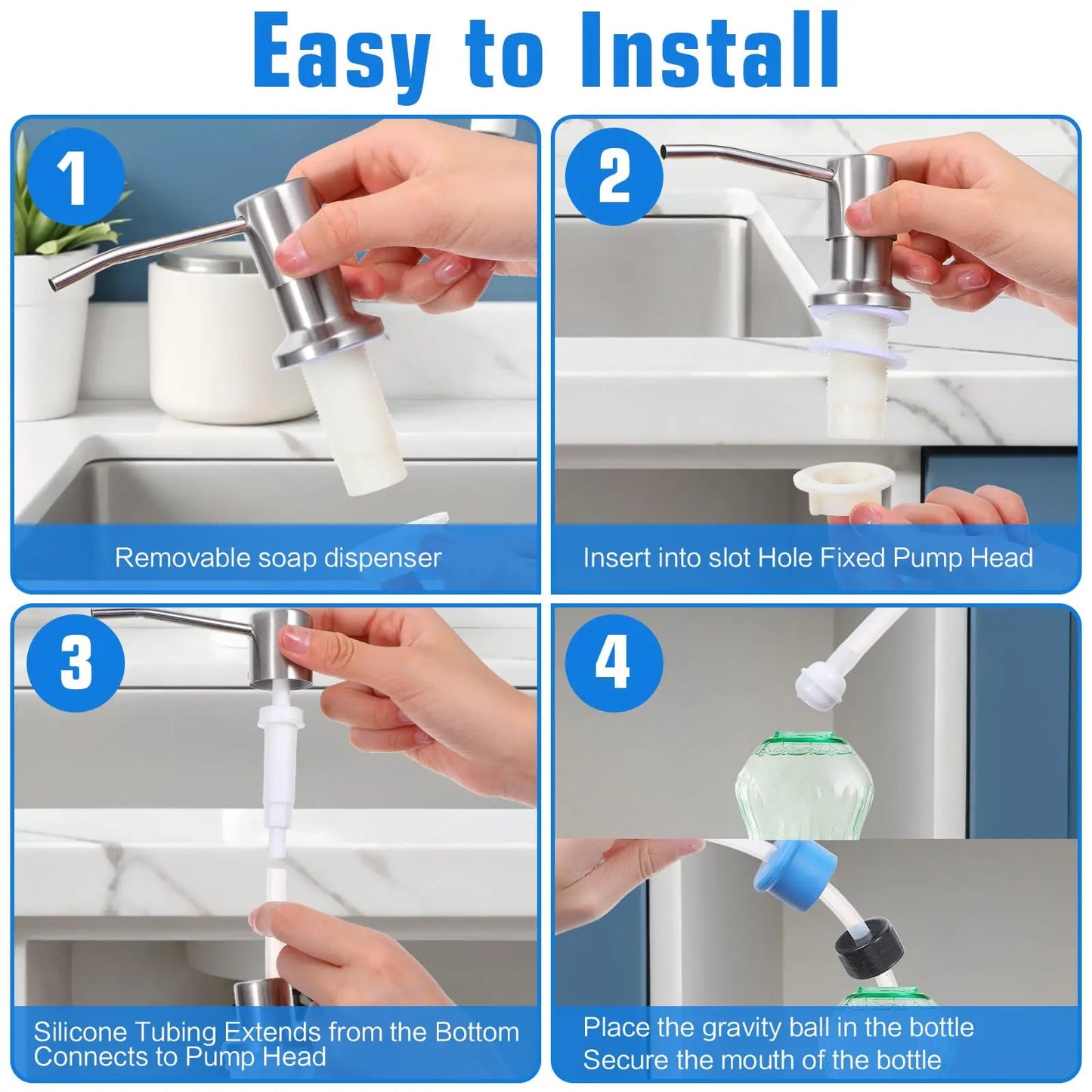 ✨Brushed Nickel Dish Soap Dispenser for Kitchen Sink, Built-in Stainless Steel Liquid Soap Pump for Countertop Sink