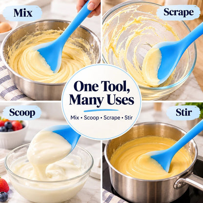 🍳✨ 2-in-1 Silicone Scraper Spoon 🥄💙 Flexible Edge for Easy Scooping, Mixing & Scraping 🧁🍯 Non-Scratch Kitchen Spatula 🍲🌈 5 Colors Available