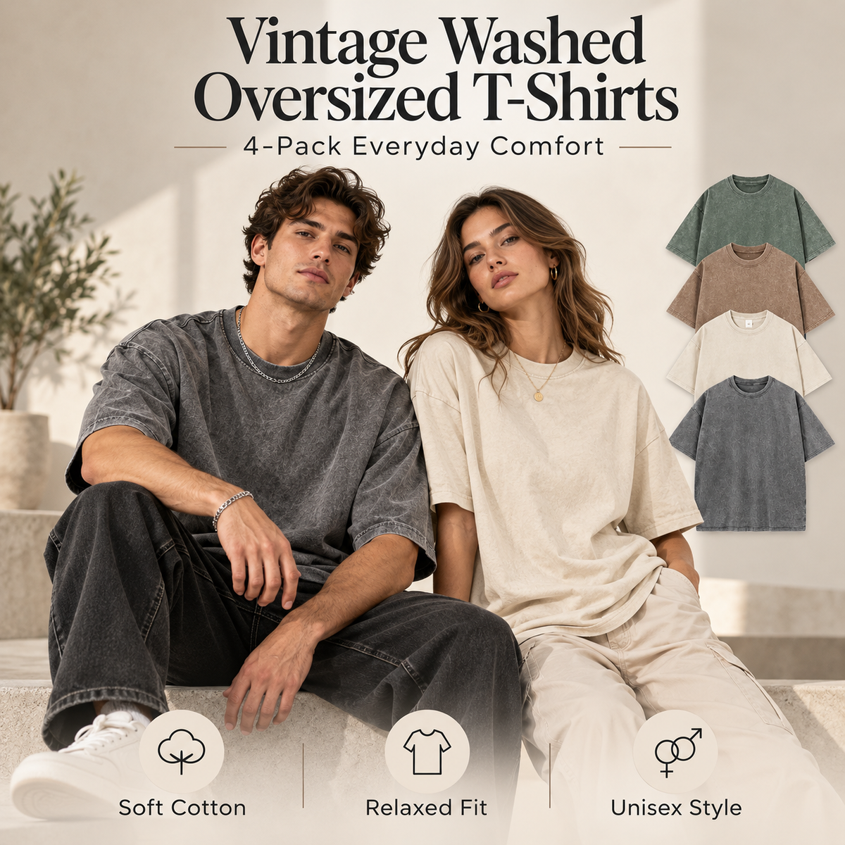 Vintage Washed Oversized T-Shirts – 4-Pack