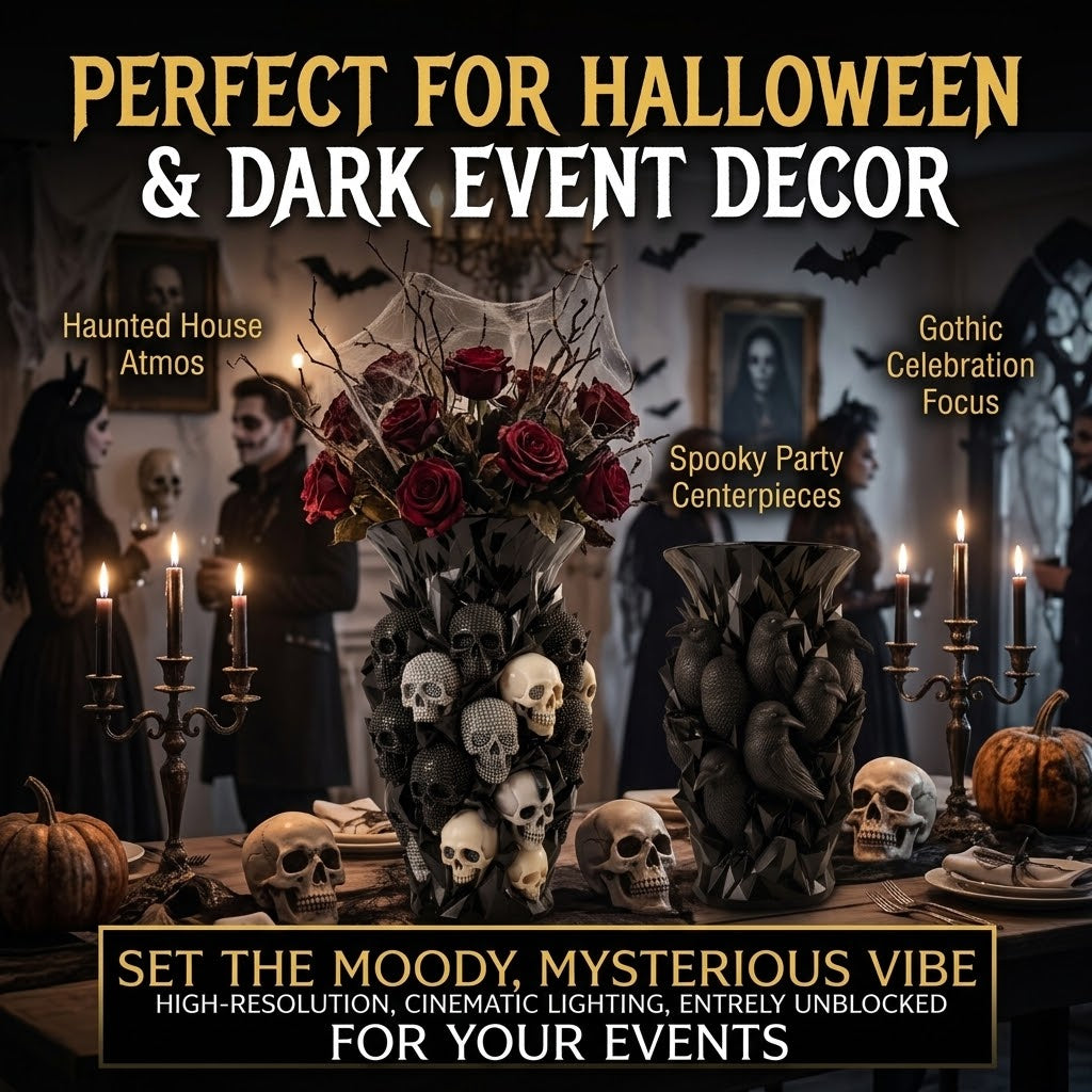 💎💀Gothic Skull & Crow Resin Vase- Halloween Dark Decor Vase