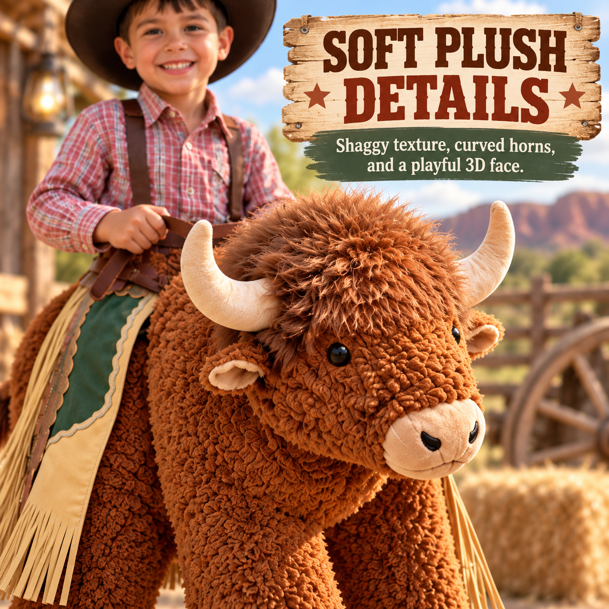 🤠 Kids Plush Ride-On Bison Costume – 3D Cowboy Halloween & Party Dress-Up