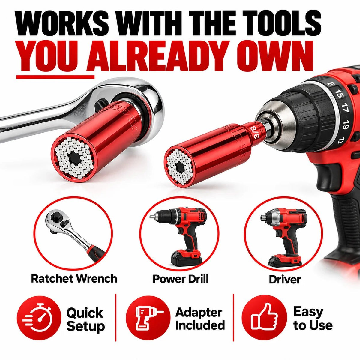 Universal Socket Tool – 7–19mm Self-Adjusting Grip Socket with Drill Adapter