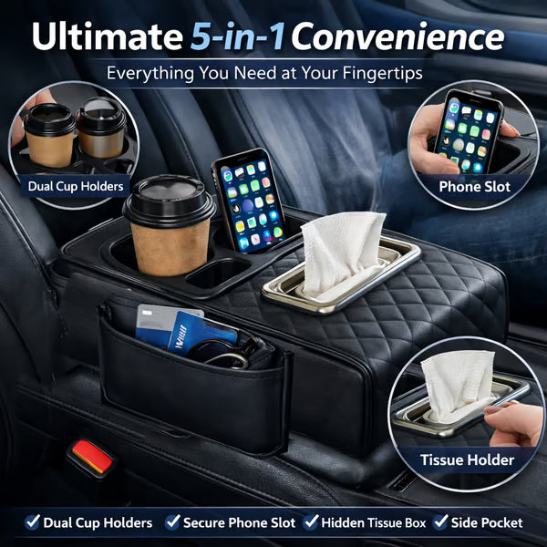 🚗 Car Console Organizer – PU Leather Armrest, Side Storage, Cup Holder