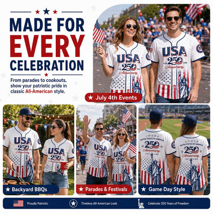 USA 250th Anniversary Baseball Jersey, Patriotic Statue of Liberty Print Shirt, Unisex Independence Day 4th of July Outfit, 1776–2026 Semiquincentennial Patriotic Jersey