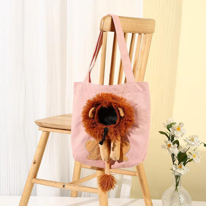 🦁 Lion-Shaped Pet Shoulder Bag – Cute Canvas Cat Carrier with Adjustable Head Opening & Soft Plush Details 🐱