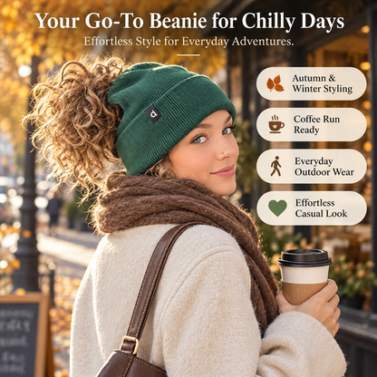🧶 Messy Bun Beanie – Stretchy Ribbed Knit Hat with Hidden Ponytail Opening for Curly Hair & Winter Style ✨