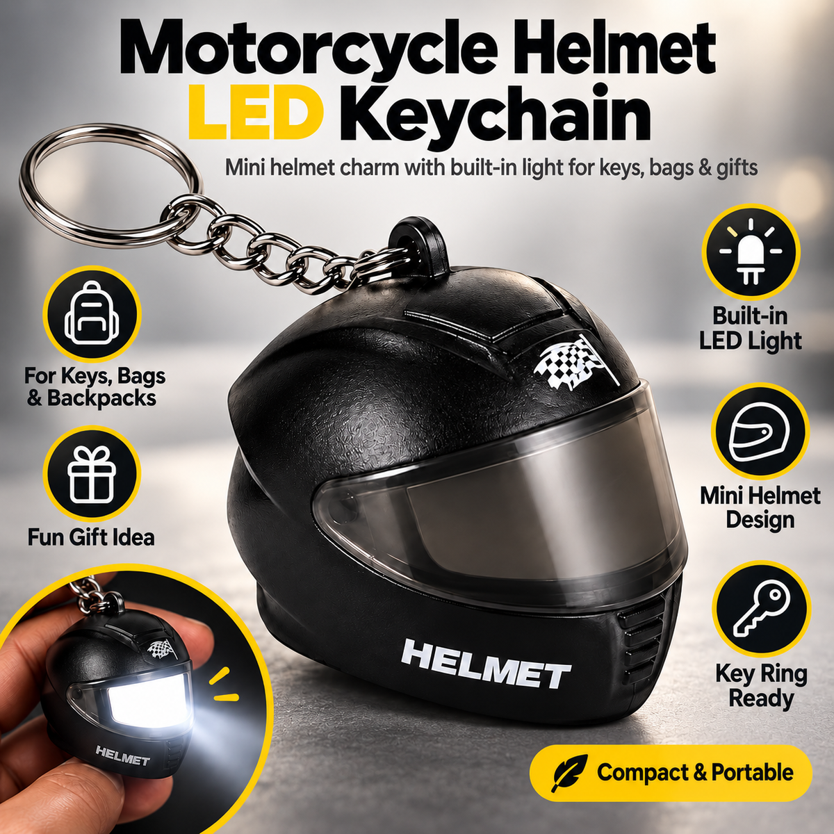 🏍️ Mini Motorcycle Helmet LED Keychain – Light-Up Rider Charm for Keys, Bags & Gifts