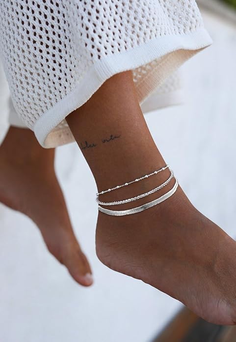LAST DAY 49% OFF🔥Women's Silver Ankle Bracelet Set - Dainty Layered Waterproof Sparkly Herringbone Beaded Rope Chain