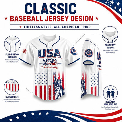 USA 250th Anniversary Baseball Jersey, Patriotic Statue of Liberty Print Shirt, Unisex Independence Day 4th of July Outfit, 1776–2026 Semiquincentennial Patriotic Jersey