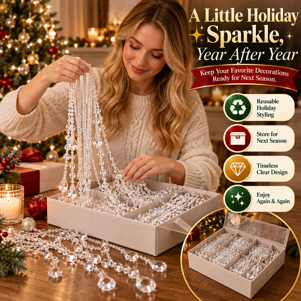 ✨ Sparkling Crystal-Like Christmas Garland – Hanging Teardrop Bead Strands for Elegant Holiday Tree Decor 🎄