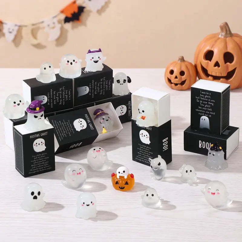 6 Sets Halloween Mini Ghost Figurines Glow in The Dark Resin Figures with Gift Boxes
