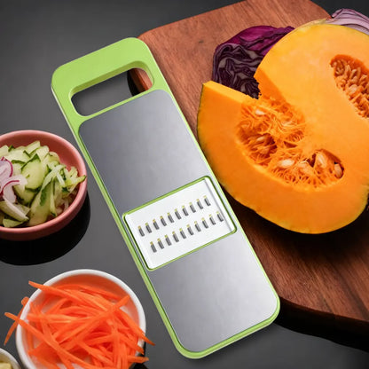 Multi-shaped slicer with adjustable stainless steel blades, thin silk, coarse silk cutter, flower slicing, comfortable handle, safe design, easy to clean, suitable for various ingredients such as vegetables and seasonings.