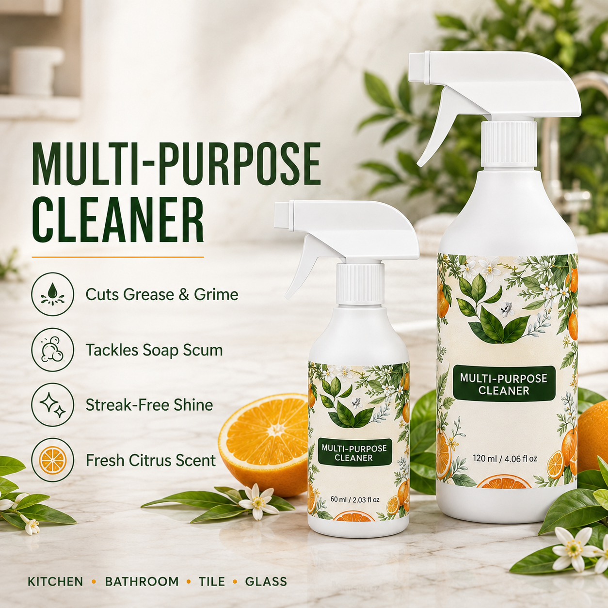120 ML Multi-Purpose Kitchen & Bathroom Cleaner – Grease, Limescale & Stain Remover Spray