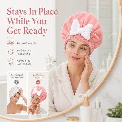 Women's Bow Decor Shower Caps & Hair Drying Cap Set, Soft Ultra-Absorbent Reusable Hair Towel Wrap, Camping & Bathroom Essential (Sports & Outdoor)