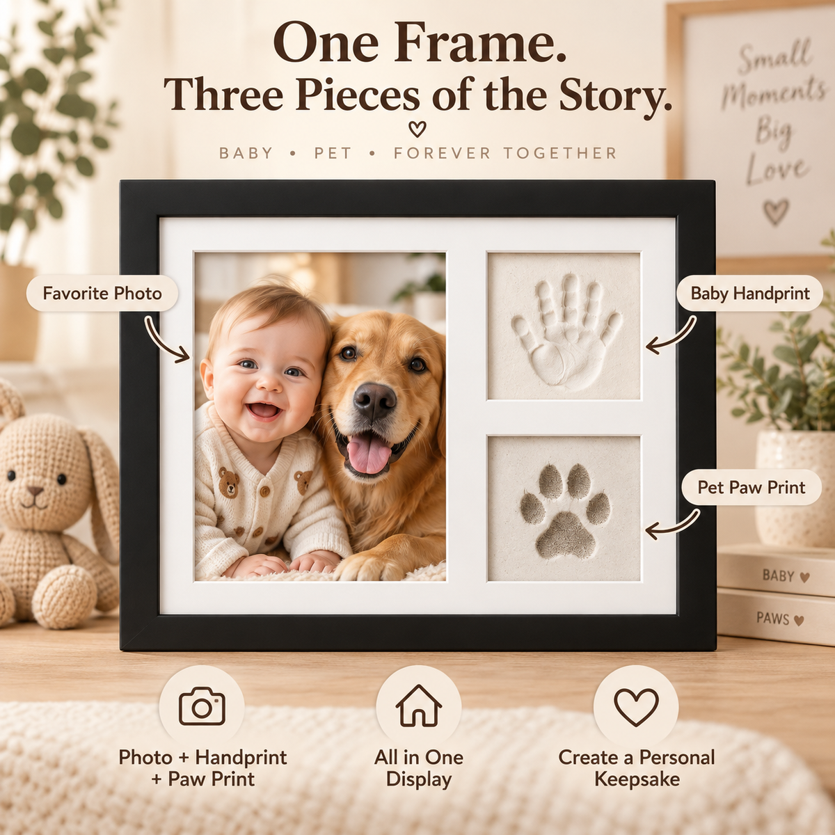 🤍 Tiny Prints Baby & Pet Keepsake Frame – Photo, Handprint & Paw Print Kit