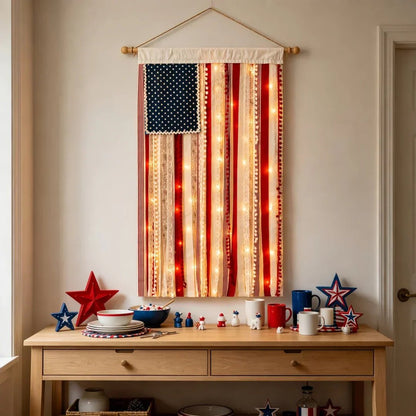 Handcrafted Lighted Rag American Flag Banner | 8 LED Modes | July 4th Patriotic Décor
