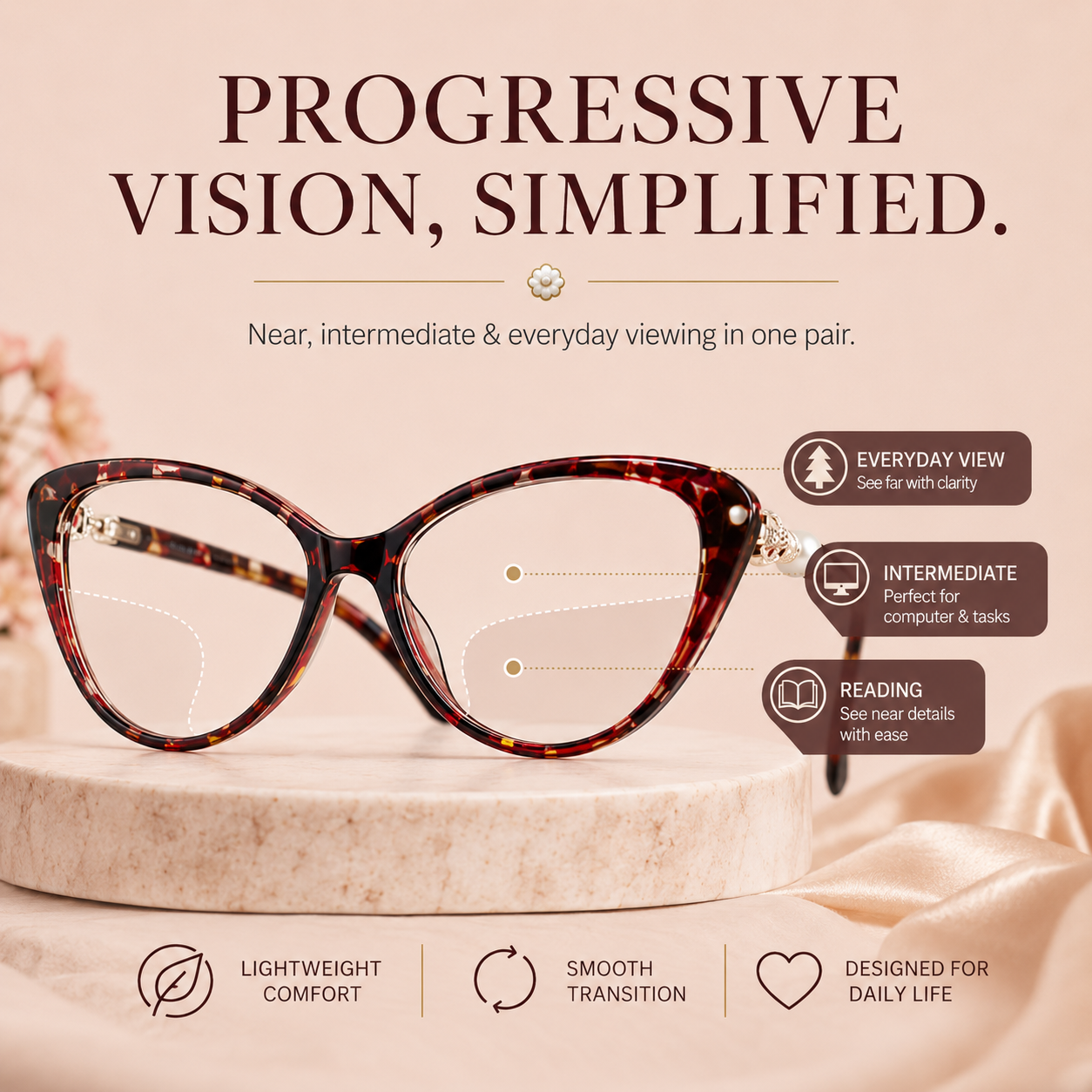 CAT EYE WITH PEARL HINGE PROGRESSIVE MULTIFOCAL READING GLASSES