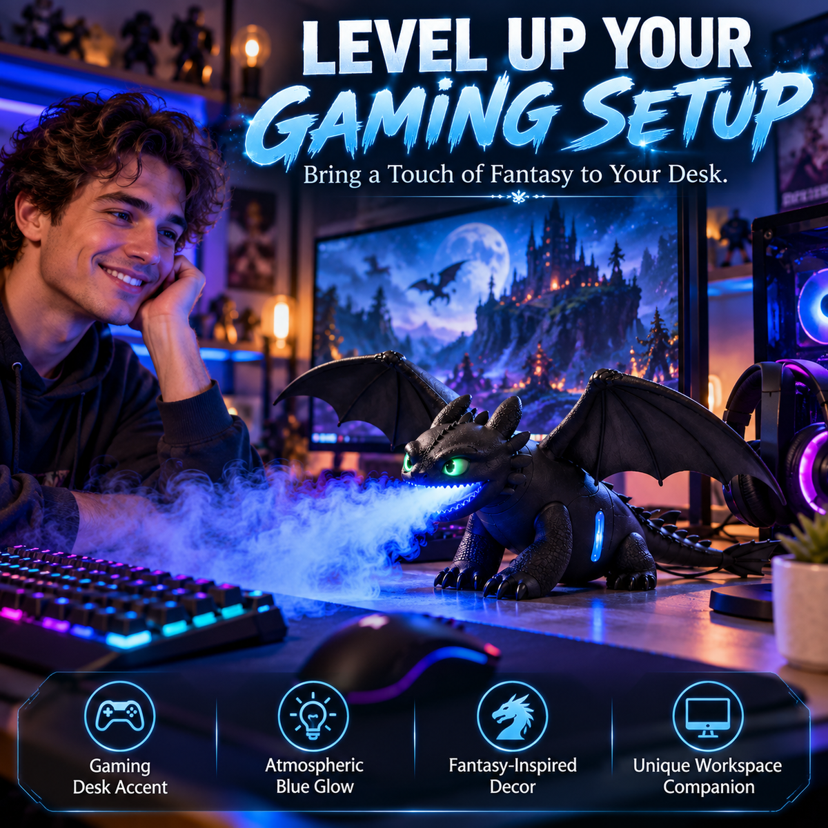 🐉 Black Dragon Mist Humidifier – Magical Blue Dragon Breath, Glowing Green Eyes & Fantasy Desk Decor ✨