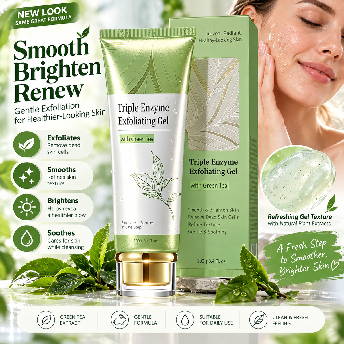 🍃 Triple Enzyme Exfoliating Gel – Gentle Skin Polish with Green Tea