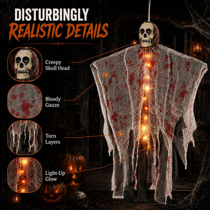 🩸Light-Up Bloody Hanging Ghost – 💀Creepy Skeleton Halloween Porch & Haunted House Decor