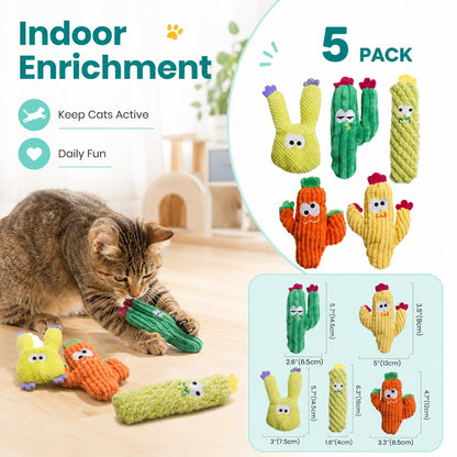 🌵 5 Pack Organic Catnip Cactus Cat Toys | Soft Plush Chew Toys for Indoor Kittens & Adult Cats! 🐱