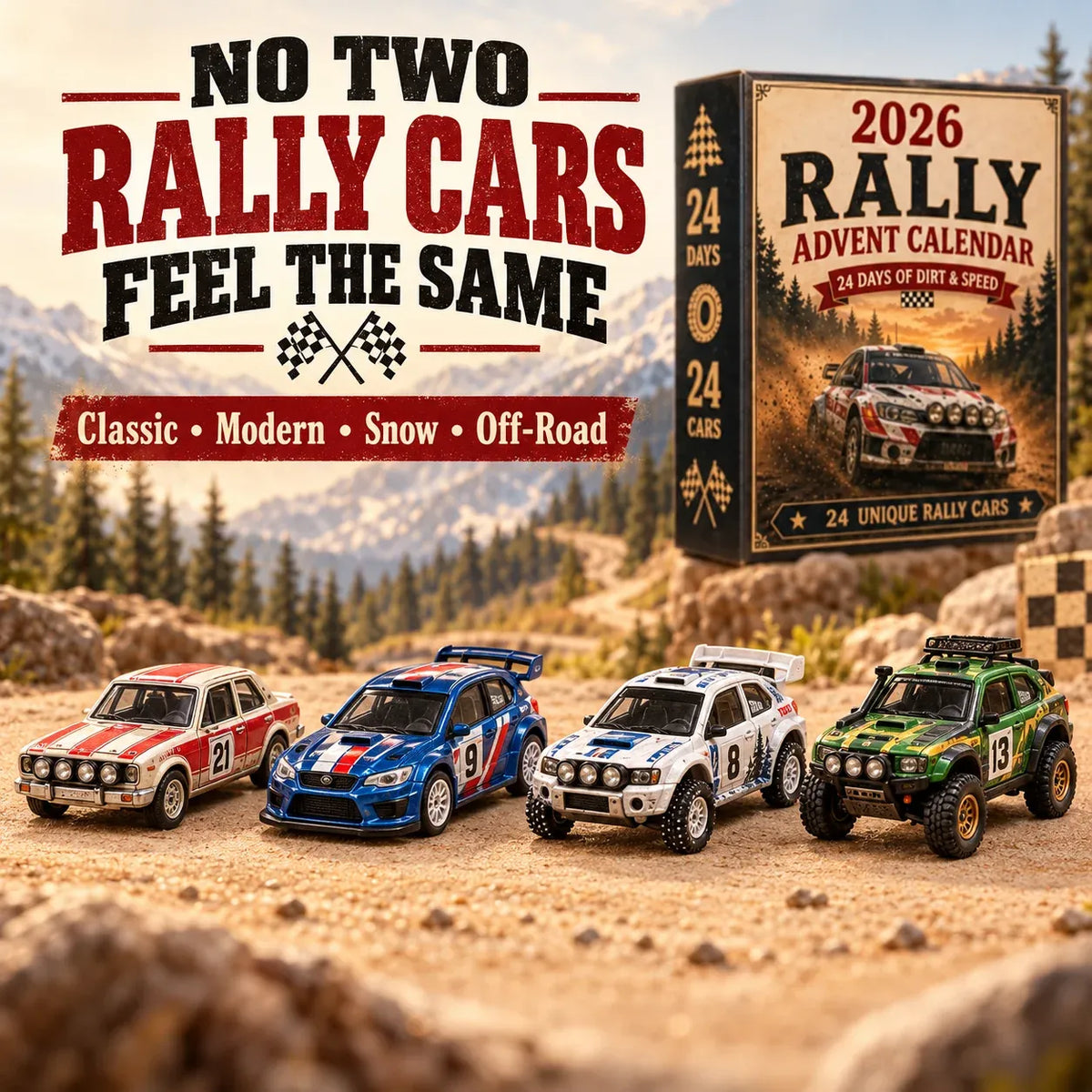 🏎️ Rallye-Adventskalender 2026 – 24 Tage voller Tempo & Action, 24 Rallyeautos zum Sammeln