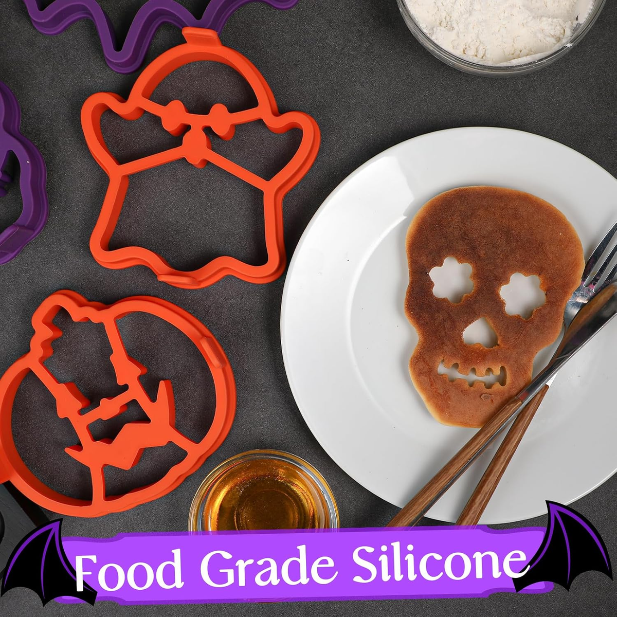 🎃 4-Piece Halloween Pancake Mold Set – Ghost, Bat, Pumpkin & Skull Silicone Breakfast Shapers