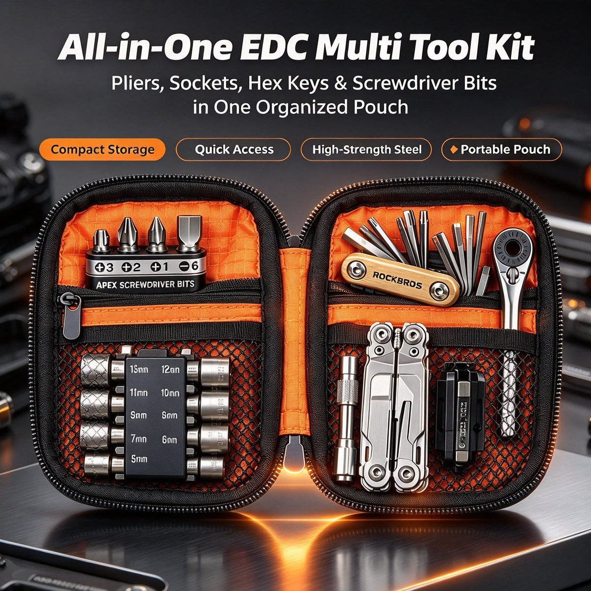Portable EDC Repair Tool Kit, Multi-functional Hand Tool Set with Socket Wrench, Screwdriver Bits, Hex Keys & Multitool, Compact Zipper Storage Pouch