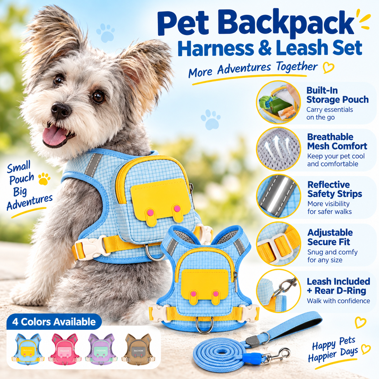 🎒 Pet Backpack Harness & Leash Set – Built-In Storage for Everyday Walks