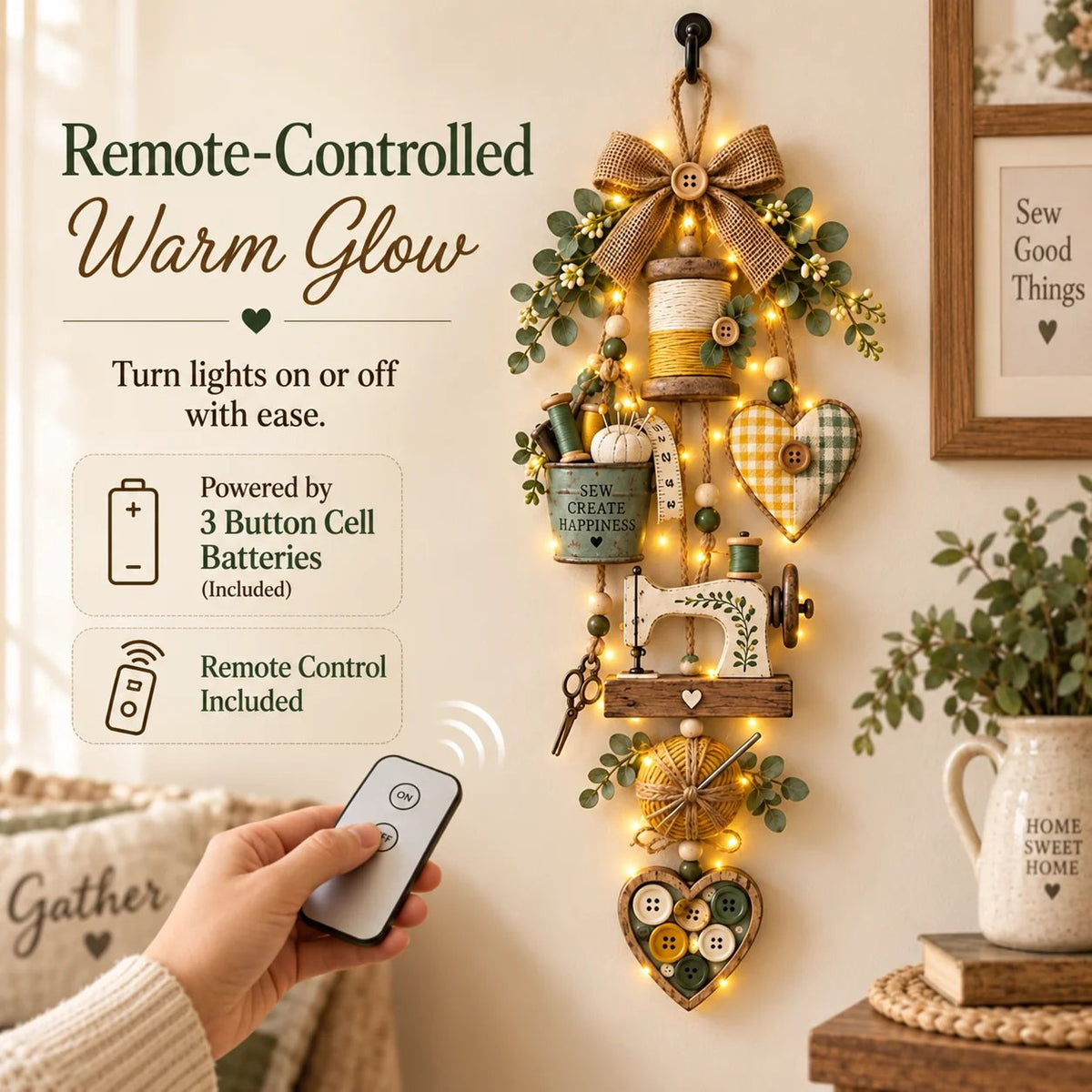 🔥Buy 2 Get 20% OFF🔥🧵✨ Rustic Wooden Sewing - Themed Hanging Ornament with Remote Control Fairy Lights