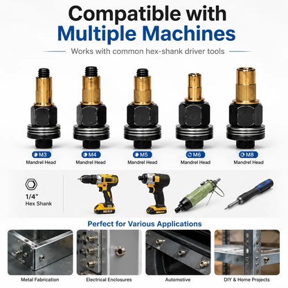 Rivet Nut Tool Kit, Rivet Nut Adapter Set with M3 M4 M5 M6 M8 Mandrel Heads & Hex Driver Bits, Nutsert Installation Kit for Drill, Metal Sheet, Automotive, Furniture & DIY Repair