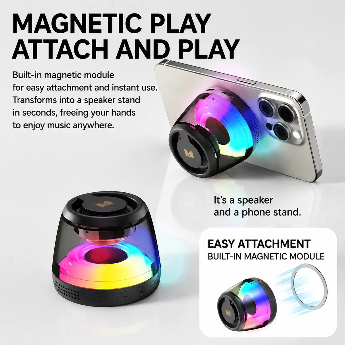 🔊 Monster Mini Bluetooth Speaker – RGB Lights, TWS Stereo & Magnetic Design