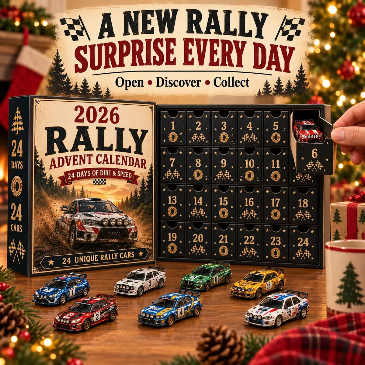🏎️ Rallye-Adventskalender 2026 – 24 Tage voller Tempo & Action, 24 Rallyeautos zum Sammeln