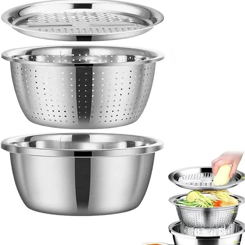 3-In-1 Stainless Steel Multi-Functional Strainer Set, Includes Basin/sieve/cutter