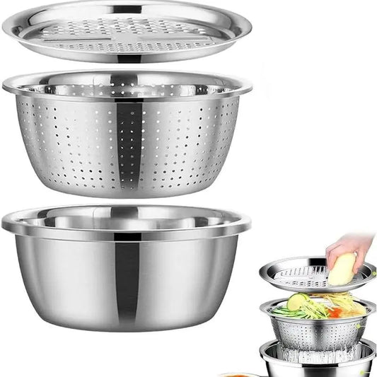 3-In-1 Stainless Steel Multi-Functional Strainer Set, Includes Basin/sieve/cutter