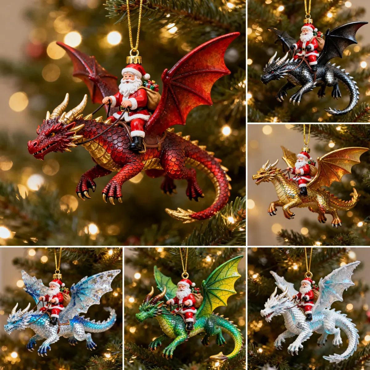 🎅Santa Riding Dragon Christmas Ornaments – 6-Piece Fantasy Collectible Set