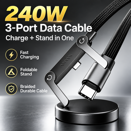 3-in-1 240W Fast Charging Cable – Charge, Sync & Stand Anywhere