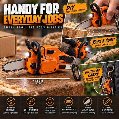 🪚 Mini Chainsaw Keychain Multi-Tool – Rechargeable LED Flashlight & Retractable Utility Cutter