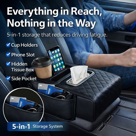 🚗 Car Console Organizer – PU Leather Armrest, Side Storage, Cup Holder