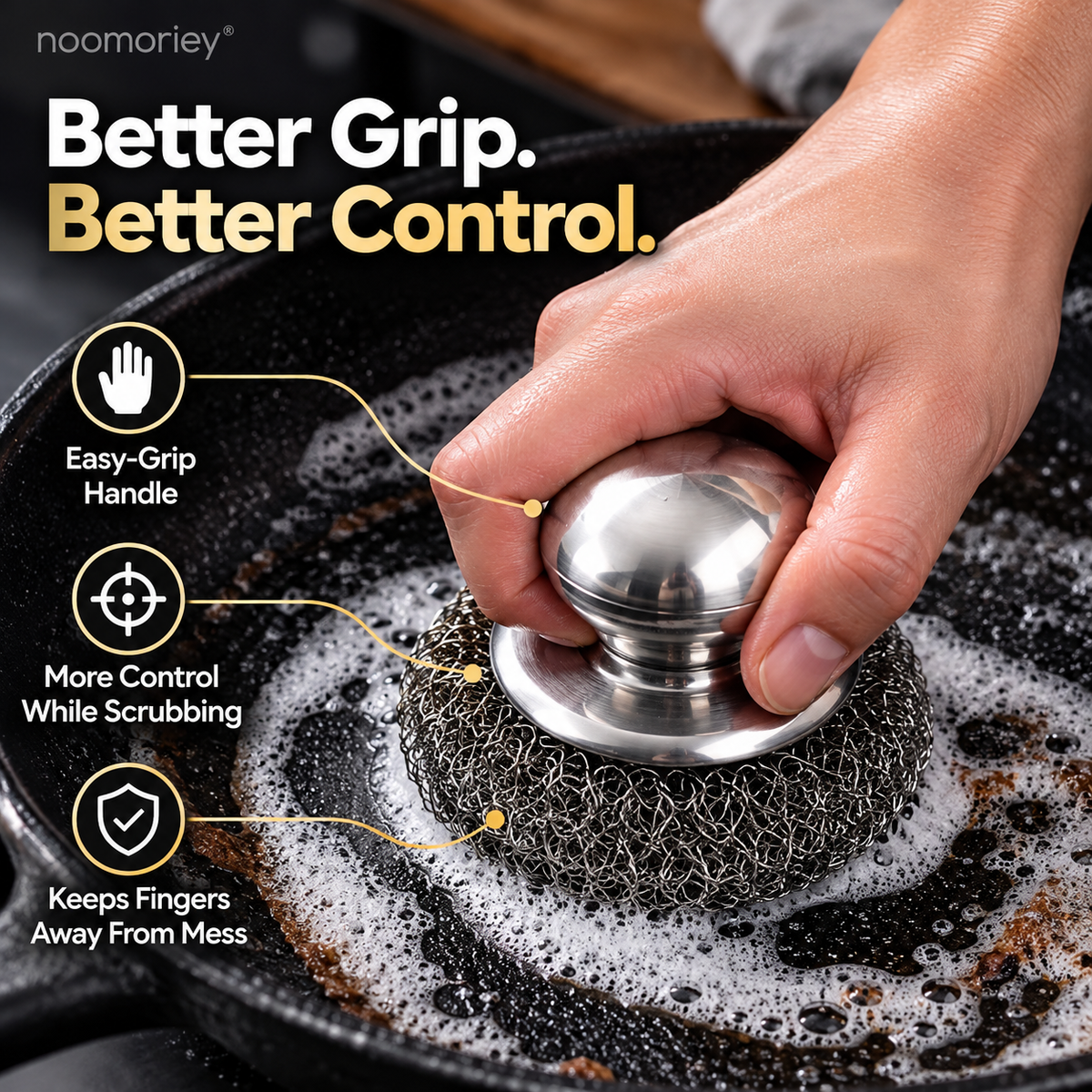 Heavy-Duty Stainless Steel Cast Iron Cleaner with Comfort Grip Knob – Rust-Resistant Wire Scrubber for Stubborn Grease & Pots