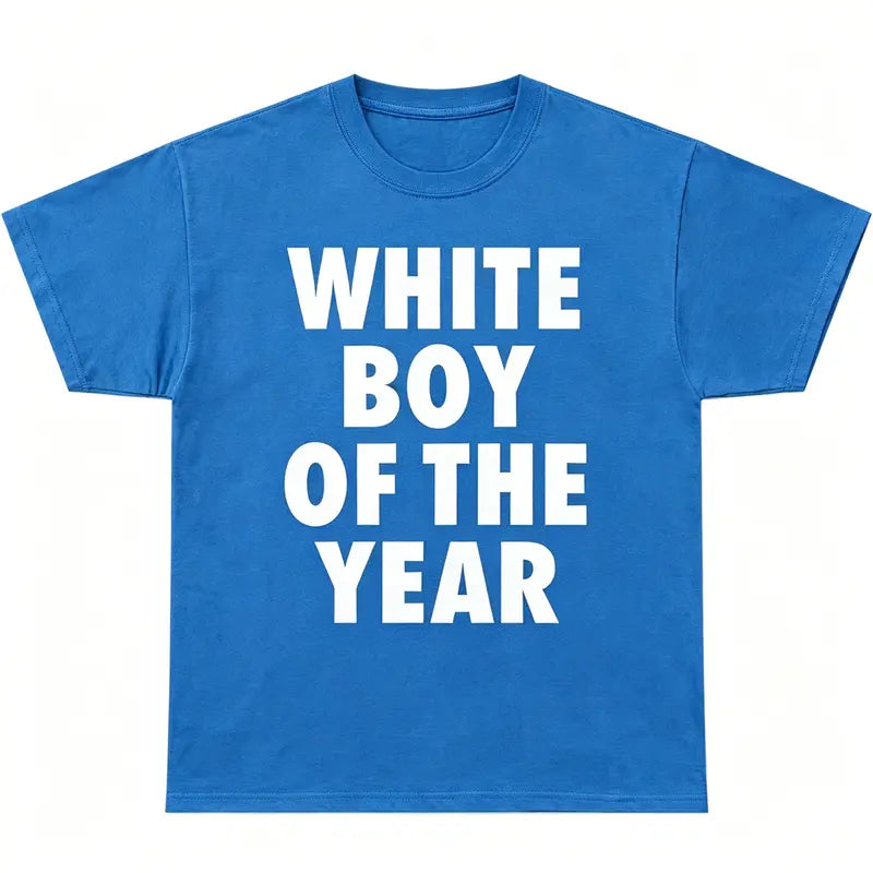 Men's "White Boy Of The Year" Oversized Round Neck Short Sleeve 100% Cotton Funny Graphic Viral Meme T-Shirt - Casual Trending Clothes Menswear (S-XXXXXL) for Pairing with Cargo Pants Crewneck