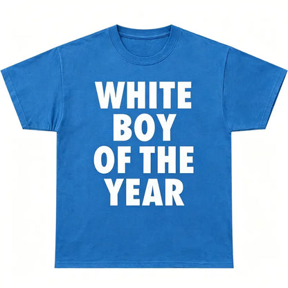 Men's "White Boy Of The Year" Oversized Round Neck Short Sleeve 100% Cotton Funny Graphic Viral Meme T-Shirt - Casual Trending Clothes Menswear (S-XXXXXL) for Pairing with Cargo Pants Crewneck