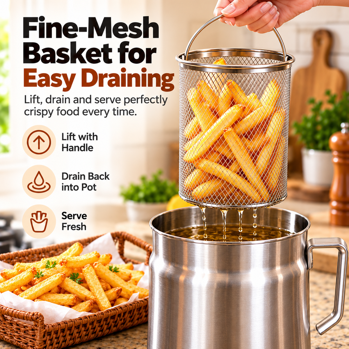 🍟 Stainless Steel Deep Fryer Set with Mesh Basket & Lid