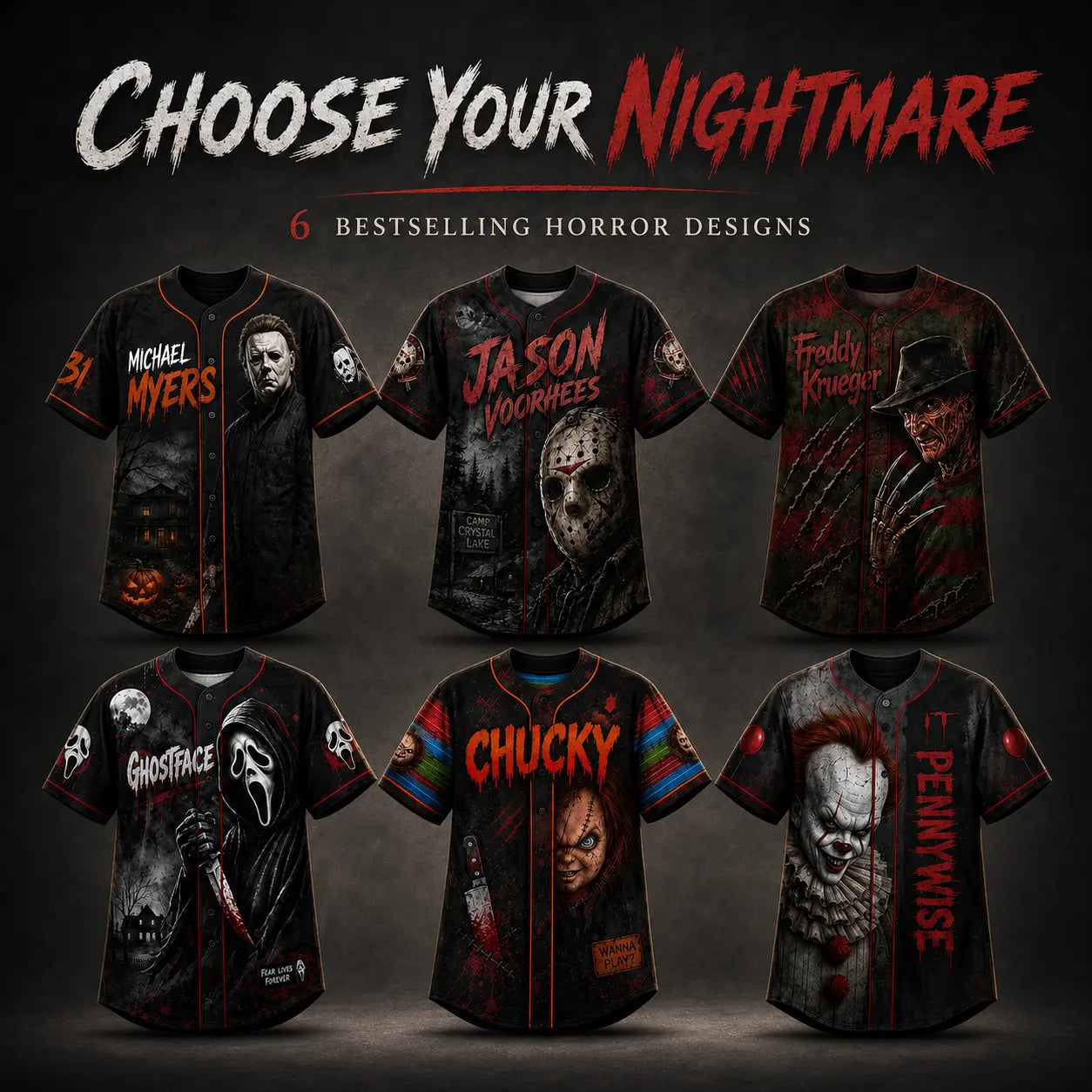 Horror Slasher Baseball Jersey, Classic Horror Movie Characters Shirt, Spooky Squad Halloween Uniform, Halloween party costumes, Halloween Gifts